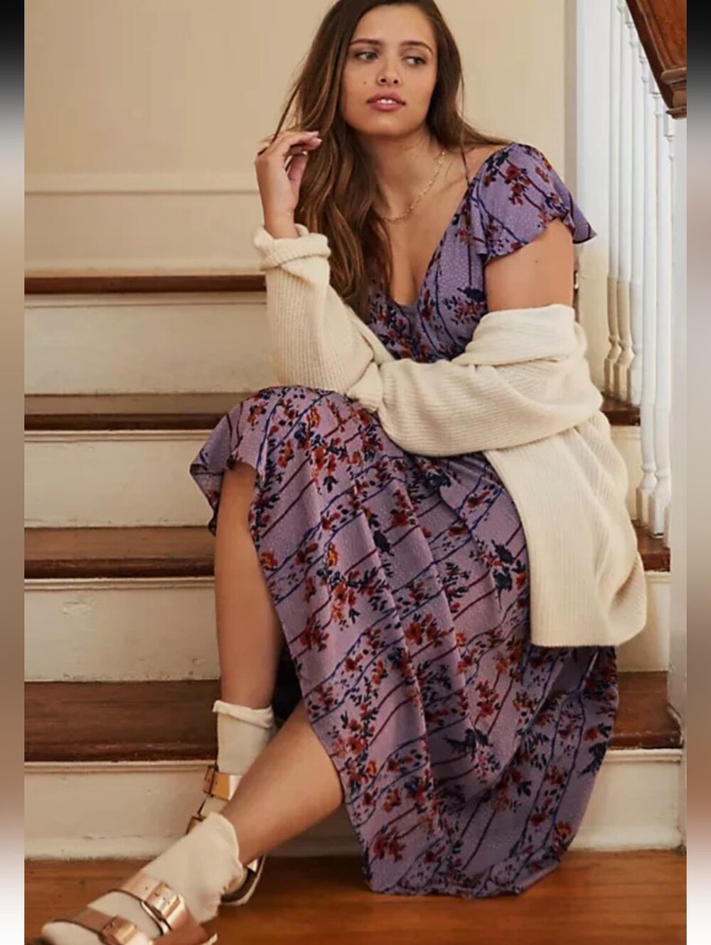 3x Anthropoligie Flutter Sleeve Midi Dress Purple Floral Lilac Criss Cross